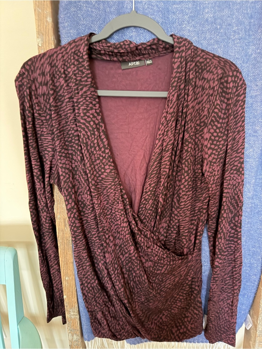 Apt. 9 Burgundy and Black Printed Wrap-Style Long Sleeve Top
